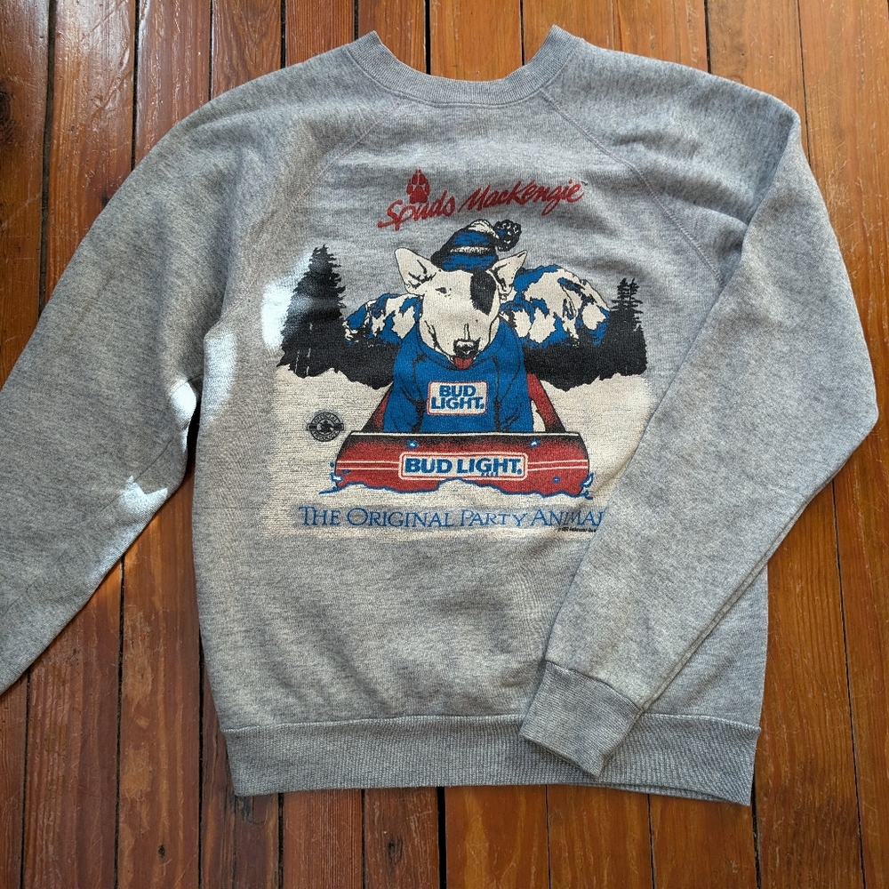 vintage 1987 SPUDS MACKENZIE Bud Light Beer Winter Christmas sweatshirt M fits S